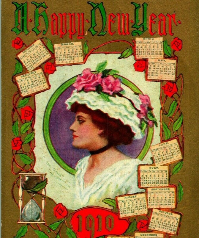 Vtg Postcard 1910 A Happy New Year Artist Signed Edwardian Woman Calendars UNP