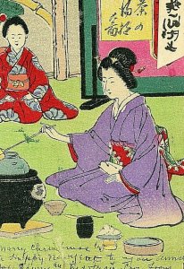 Postcard Antique View of Japanese Women preparing a meal. Woodblock print.