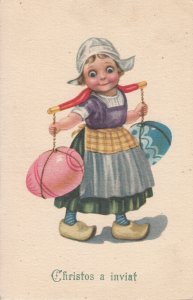 Cute drawn Dutch girl caricature Easter greetings 1924 Romania royalty stamps