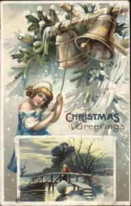 Christmas - Little Girl Ringing Bells c1910 Postcard - Clapsaddle?