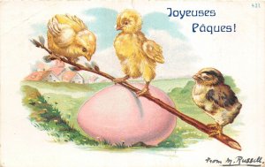 Lot221 france greetings paques easter chick playing on egg m russel artist