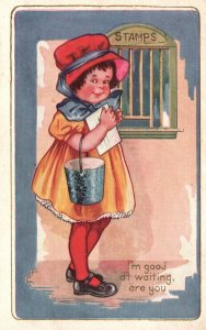 Vintage Postcard 1900's Little Girl Stamps I'm Good at Waiting Are You Comics