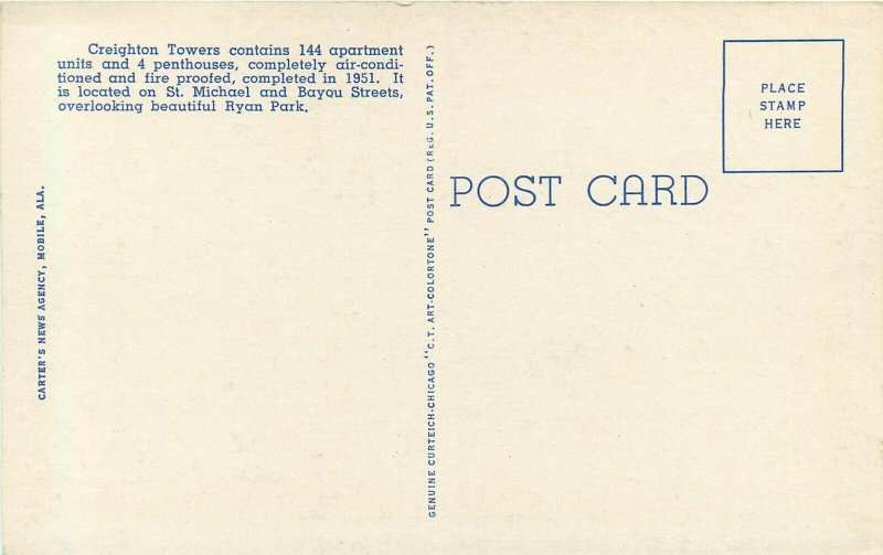 Linen Postcard; Creighton Towers, Mobile AL Apartments Unposted Curt Teich