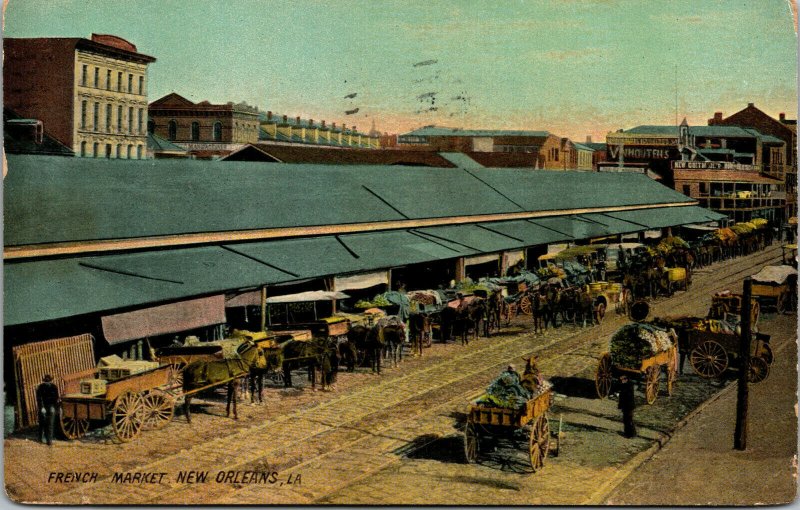 Vtg 1909 French Market Horses Wagons New Orleans Louisiana LA Postcard