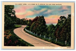 c1940's Sunset Scene US Highway Crossing Blue Ridge Mountains Postcard