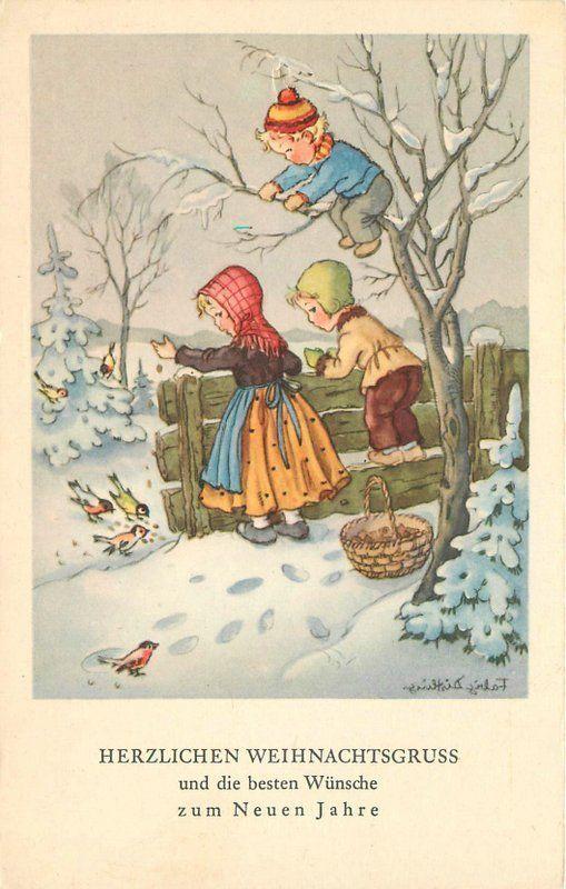 Bird Feeding Children 1950s Postcard Winter snow Art 11961