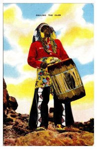 Vintage Calling the Clan, Native American in traditional clothing, NM Postcard