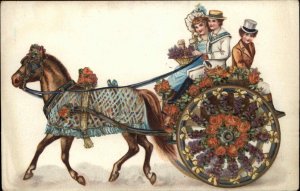 Romance Young Couple on Flower Cart Dressage Horse c1910 Vintage Postcard