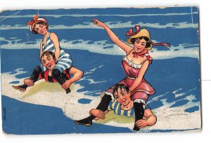 Men and Woman Swimmers Comic Damaged Creased Embossed Postcard 1908