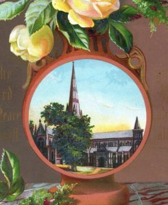 1880s Victorian New Year's Religious Card Lovely Church Yellow Roses #A