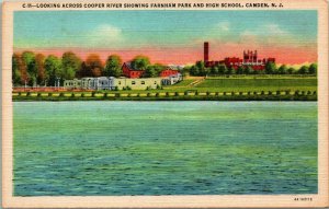 Linen Postcard Camden New Jersey NJ Farnham Park & High School Cooper River Q15