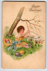 Easter Postcard Curly Haired Girl Lamp Sheep Painted Eggs Douglass Germany