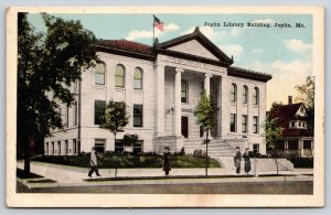 Joplin Missouri~Library Bldg~Portico~USA Flag~People~Beaux-Arts~1920s Postcard