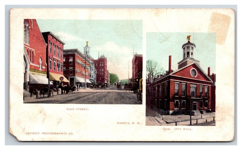 Dual View Main Street City Hall Nashua NH Detroit Publishing UDB Postcard W13