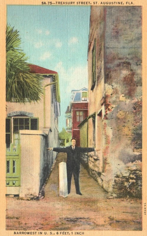 Vintage Postcard 1930's Narrowest In U.S Treasury Street St. Augustine Florida