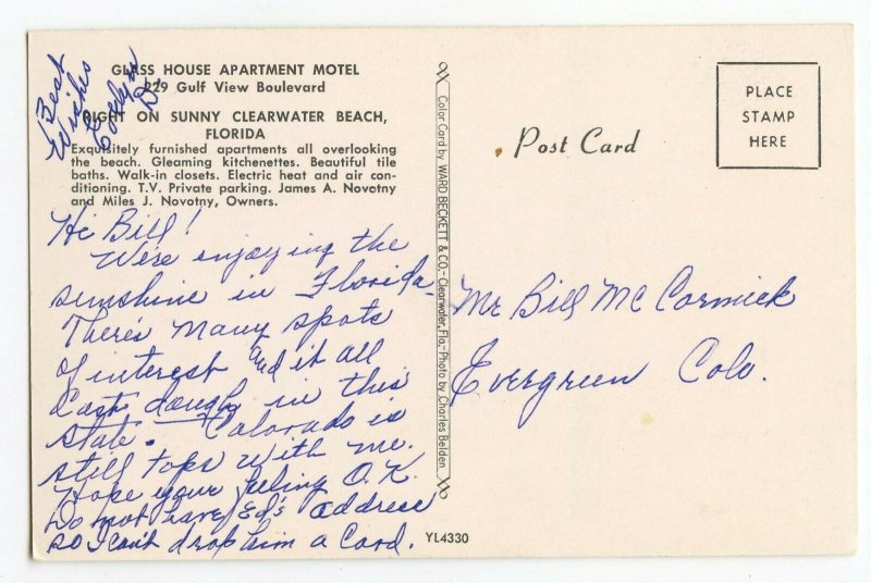 Postcard Glass House Apartment Motel Clearwater Beach Florida Standard View Card