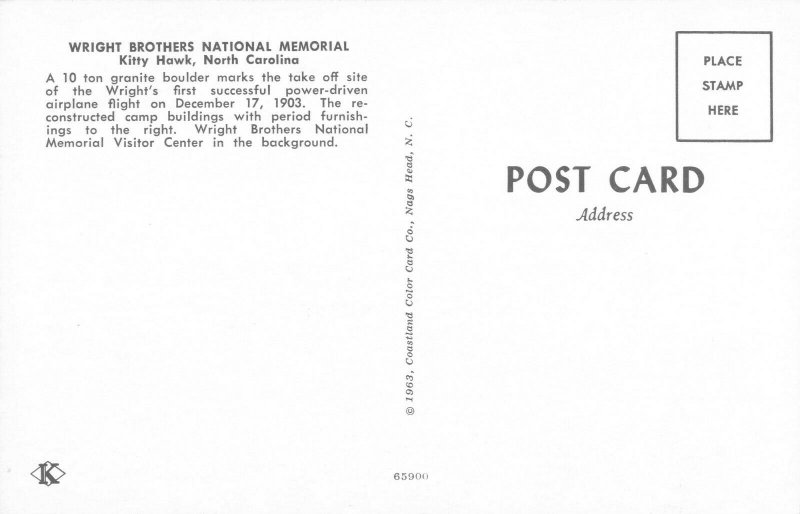 Postcard Wright Brothers National Memorial Kitty Hawk North Carolina