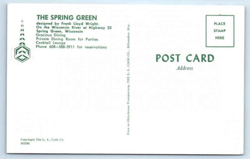 2 Postcards BANK of SPRING GREEN, WI~ Frank Lloyd Wright SPRING GREEN RESTAURANT