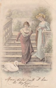 Two Young Women watching a swan in a pond, PU-1905