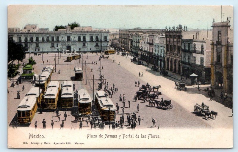 MEXICO CITY, D.F. ~ PLAZA de ARMAS Y PORTAL de las FLORES Trolley Cars Postcard 