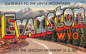 Large Letter Greetings EVANSTON, WYOMING Lincoln Highway 1940s Linen Postcard