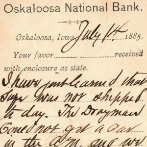 1885 Oskaloosa, IA National Bank Receipt Postcard Invoice Postal Vtg Ottumwa A51