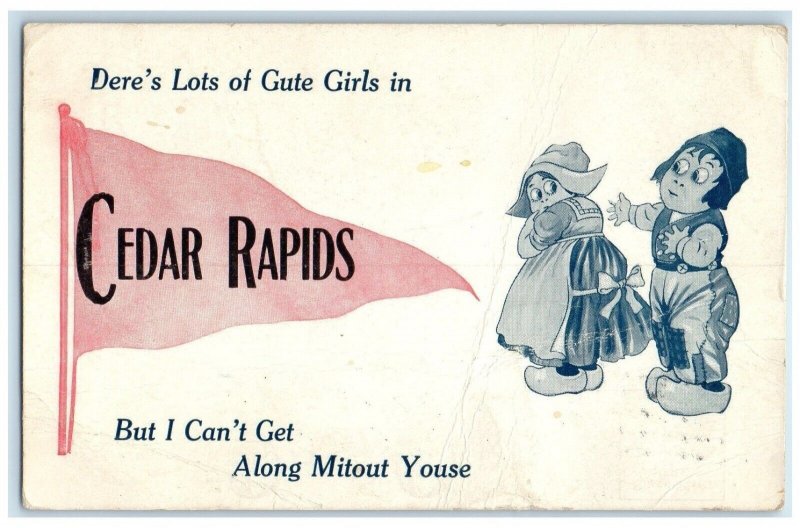 1912 Dere's Lots Cute Girls Cedar Rapids Iowa Pennant Dutch Kid Vintage Postcard