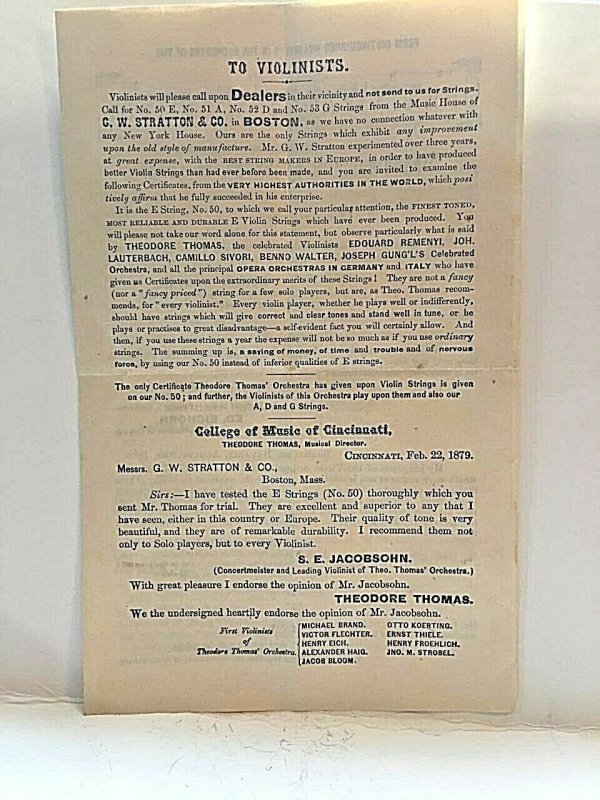 1879 Notice to International Violinists by  G.W. Stratton & Co., Boston, MA.  Z6