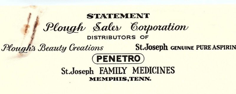 1940 PLOUGH SALES CO MEMPHIS TN ST JOSEPH ASPRIN MEDICINE INVOICE BILLHEAD Z819