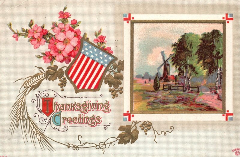 1912 Thanksgiving Greetings Holiday US Flag Celebration Vintage Postcard