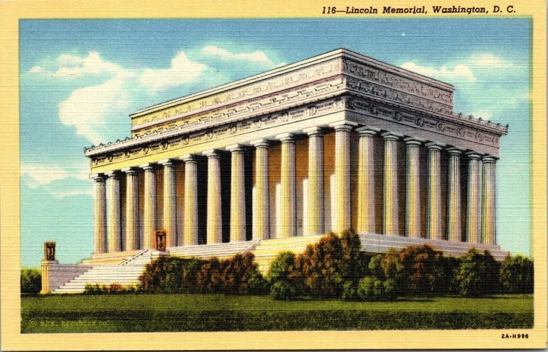 Abraham Lincoln Memorial Washington, D.C. linen postcard yellow border