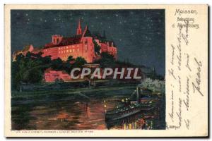 Old Postcard Illustrator Meissen Albrechtsburg Beleuchtung of boat