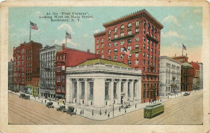 Four Corners Rochester New York pm old cars Trolley Car Postcard