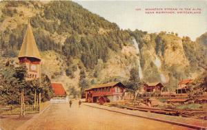 Meiringen Switzerland~Boys in Street~Church & Cottages~Lumber in Grass~c1910 Pc