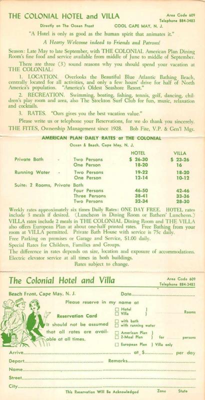 Cape May New Jersey Colonial Hotel Tri-Fold Vintage Postcard J927665