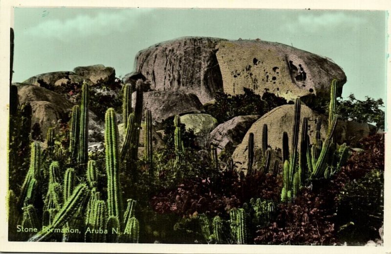 aruba, N.A., Stone Formation (1950s) Tinted RPPC Postcard