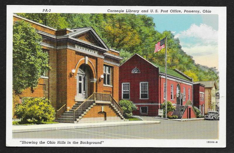 Street View Carnegie Library & US Post Office Pomeroy Ohio Unused c1941