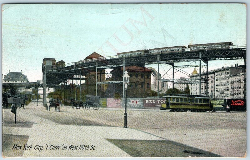 c1910s New York City NY Elevated Railway L Curve 110th St Streetcar Train A206