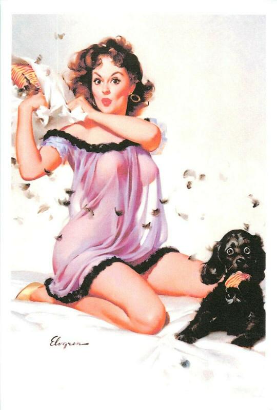 Repro postcard pinup pin up beauty & dog pillow fight