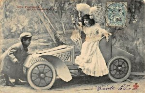 YOUNG BOY & GIRL~UNE PREOMENADE EN AUTOMOBILE~LOT OF 2 FRENCH FANTASY POSTCARDS