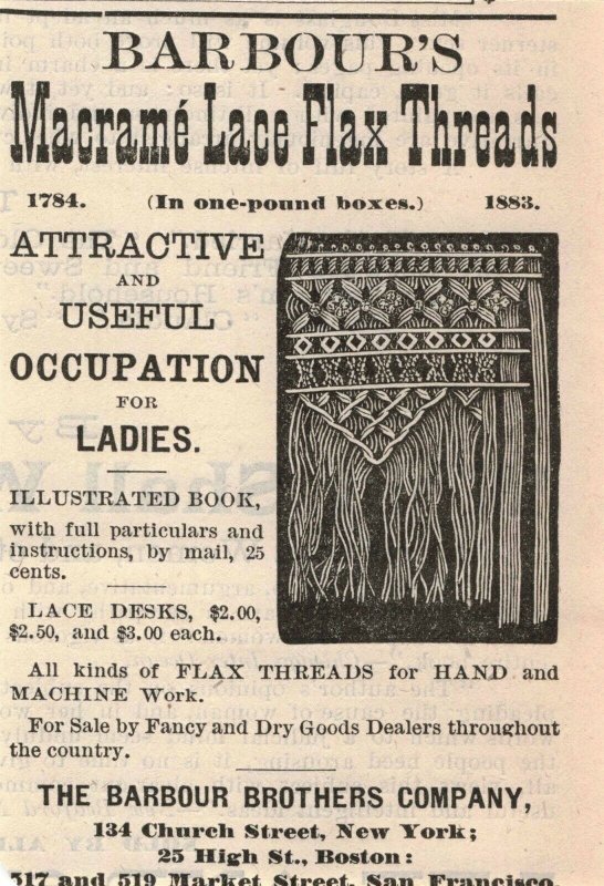 1884 Barbour's Macrame Lace Flax Threads Engraved Victorian Print Ad 2V1-40