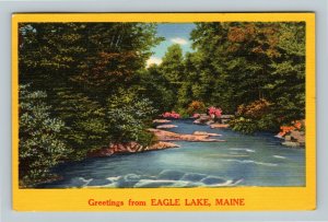 Eagle Lake ME, Greetings, Scenic Rocky Shoreline, Linen Maine c1956 Postcard