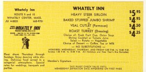 1968 Whately Inn 'Dine-Out' Coupon, Whately Center, Massachusetts/MA