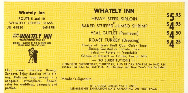 1968 Whately Inn 'Dine-Out' Coupon, Whately Center, Massachusetts/MA