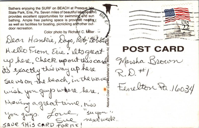 Greetings From Lake Erie Beach Surf PA Pennsylvania Postcard PM Cancel WOB Note 