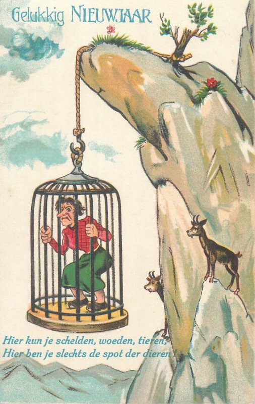 Caricature misoginism humor woman cage mother-in-law goats comic old postcard 
