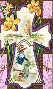 c1910 EASTER GREETINGS CROSS GIRL SWAN FLOWERS SCENIC EMBOSSED POSTCARD P347