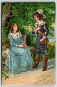 Victorian Couple Dating Under The Tree Girl Holding Flowers Romantic Postcard