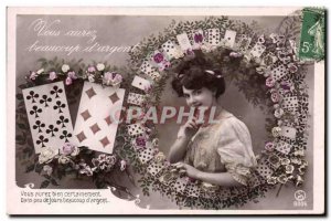 Old Postcard Fantasy Woman Playing Cards