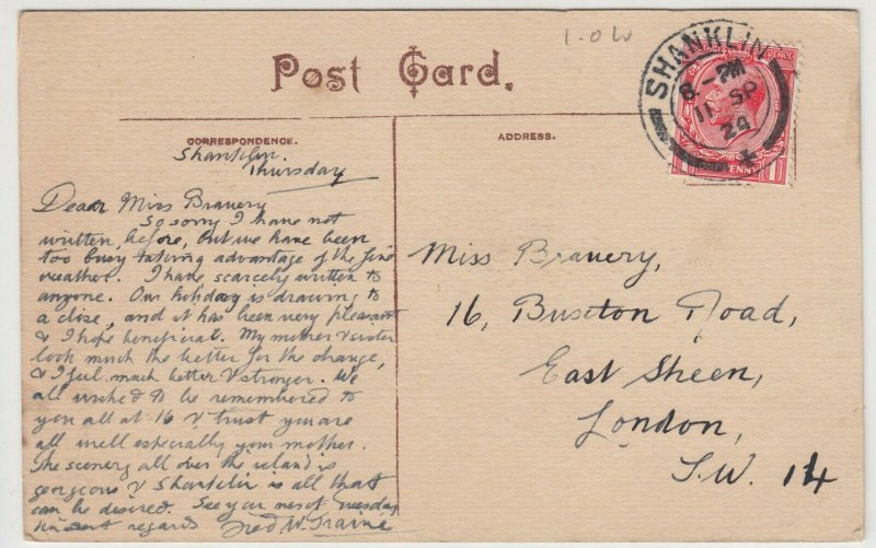 Isle Of Wight; Shanklin Chine PPC 1924 PMK, To Miss Branery, East Sheen 